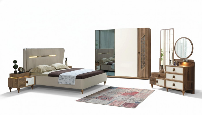 Schlofkummer Set Bett 2x Nuetsdëscher 5tlg Design Textil Holz Kleederschaf