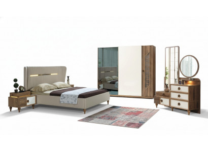 Schlofkummer Set Bett 2x Nuetsdëscher 5tlg Design Textil Holz Kleederschaf