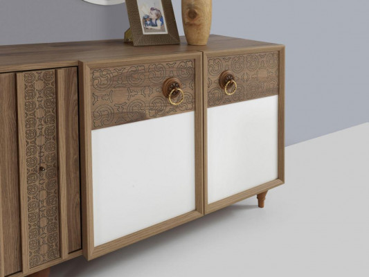 Iesszëmmer-Set Dësch 4x Stull Anrichte Set Garnitur Design Holz Textil