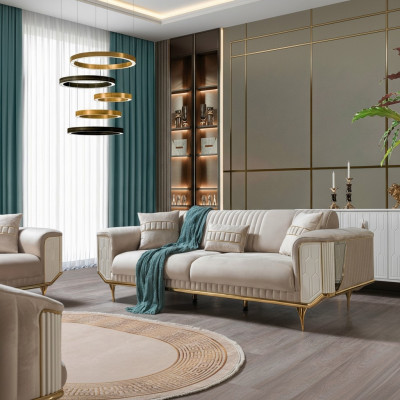 Wunnzëmmer Sofas 3 Sëtzer Polster Luxus Textil Couch Design Beige Couchen