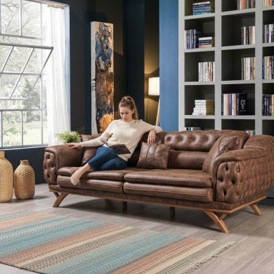 Sofa 3-Sëtzer Chesterfield Stoff Couch Polstersofaen Kënschtlecher Lieder Couchen