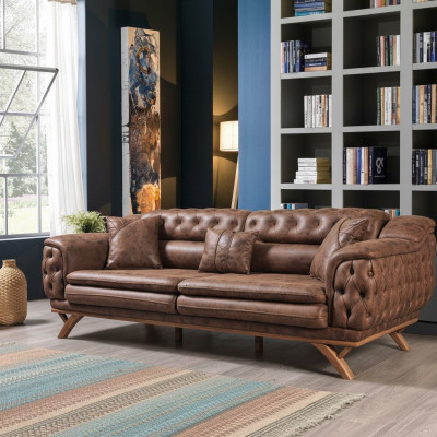 Sofa 3-Sëtzer Chesterfield Stoff Couch Polstersofaen Kënschtlecher Lieder Couchen