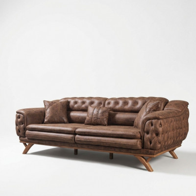 Sofa 3-Sëtzer Chesterfield Stoff Couch Polstersofaen Kënschtlecher Lieder Couchen
