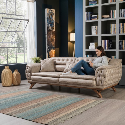 Chesterfield 3-Sëtzer Beige Design Couchen Téissofas Polstersofas Textil Canapé