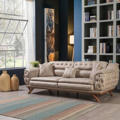 Chesterfield 3-Sëtzer Beige Design Couchen Téissofas Polstersofas Textil Canapé