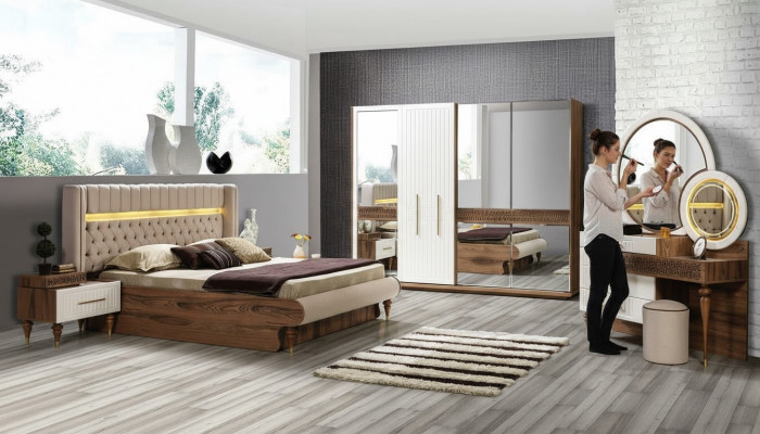 Schlofzëmmer Bett 2x Nuetstischen 5 Deeler Set Komplett Design Miwwel Luxus