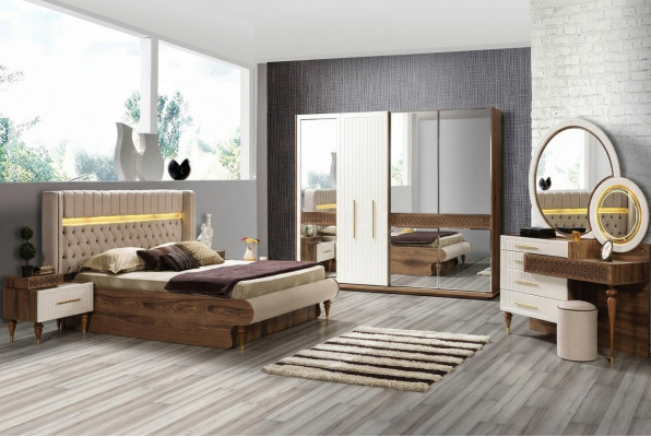 Schlofzëmmer Bett 2x Nuetstischen 5 Deeler Set Komplett Design Miwwel Luxus