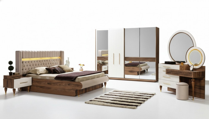 Schlofzëmmer Bett 2x Nuetstischen 5 Deeler Set Komplett Design Miwwel Luxus
