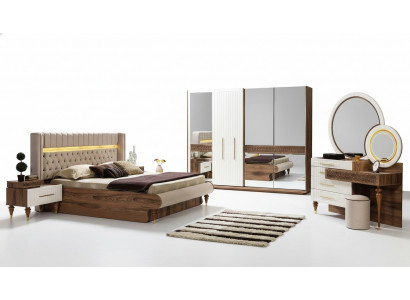 Schlofzëmmer Bett 2x Nuetstischen 5 Deeler Set Komplett Design Miwwel Luxus