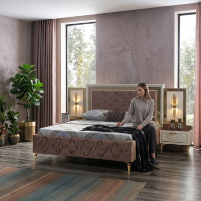 Schlofzëmmer Bett Design Ariichtung Luxus Polsterbette brong Modern