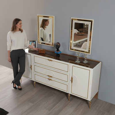 Wunnzëmmer Set Bicherregal mat 2x Spigel Garnitur Holz 3-Teile wäiss Kommode