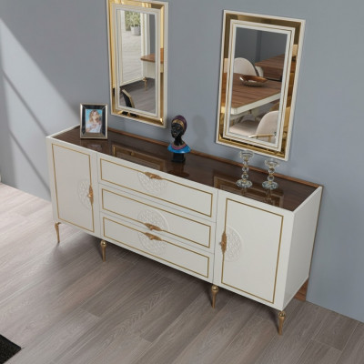 Wunnzëmmer Set Bicherregal mat 2x Spigel Garnitur Holz 3-Teile wäiss Kommode