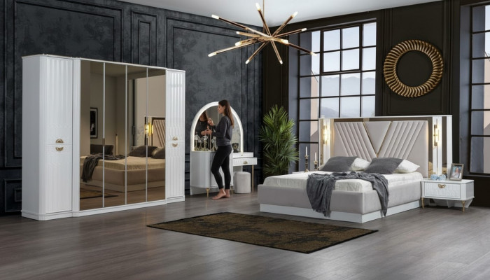 Schlofkummer Set Bett 2x Nuetsdëscher Kleederschaf 5tlg.Modern nei