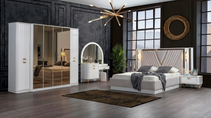 Schlofkummer Set Bett 2x Nuetsdëscher Kleederschaf 5tlg.Modern nei