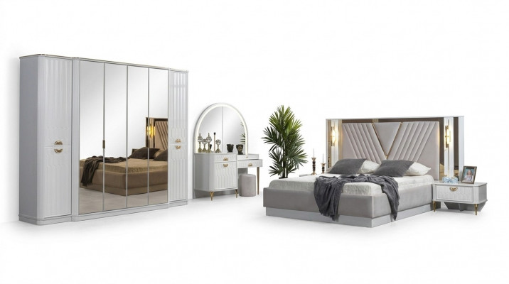 Schlofkummer Set Bett 2x Nuetsdëscher Kleederschaf 5tlg.Modern nei