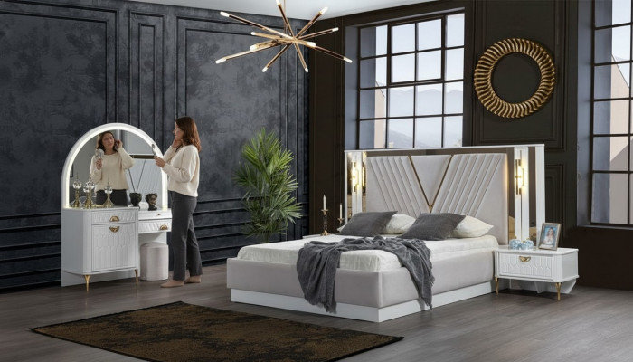 Schlofzëmmer Set Bett 2x Nuetsdësch 4tlg Design Modern Luxus Komplett