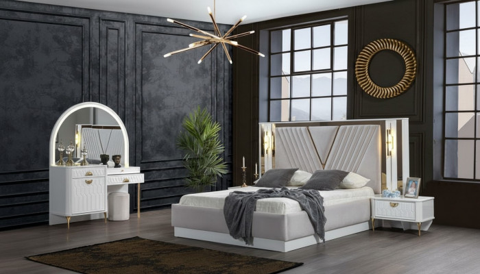 Schlofzëmmer Set Bett 2x Nuetsdësch 4tlg Design Modern Luxus Komplett