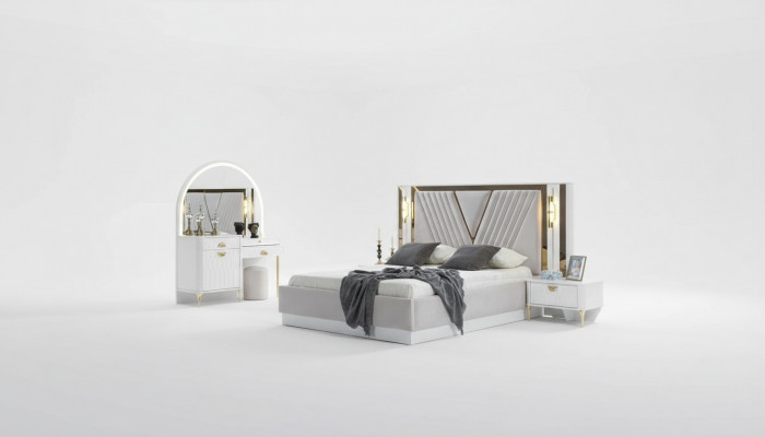 Schlofzëmmer Set Bett 2x Nuetsdësch 4tlg Design Modern Luxus Komplett