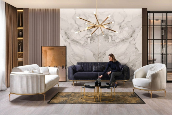Canapé-Set 3+3+1 Sëtzer Set Canapé Fauteuil Luxus Canapéen Stoff nei