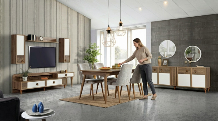 Iesszëmmer Komplett Set Dësch 4x Still Iess Grupp Holz Dësch Dëscher 12tlg