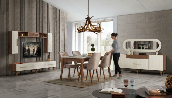 Iesszëmmer Set Komplett Set Dësch 4x Still Iess Grupp Holz 11tlg brong