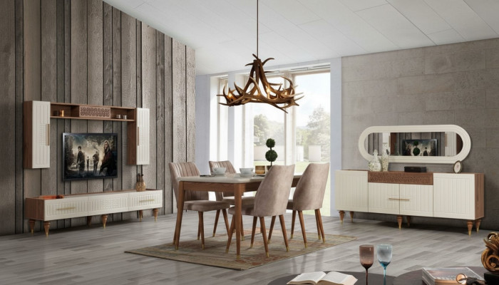 Iesszëmmer Set Komplett Set Dësch 4x Still Iess Grupp Holz 11tlg brong
