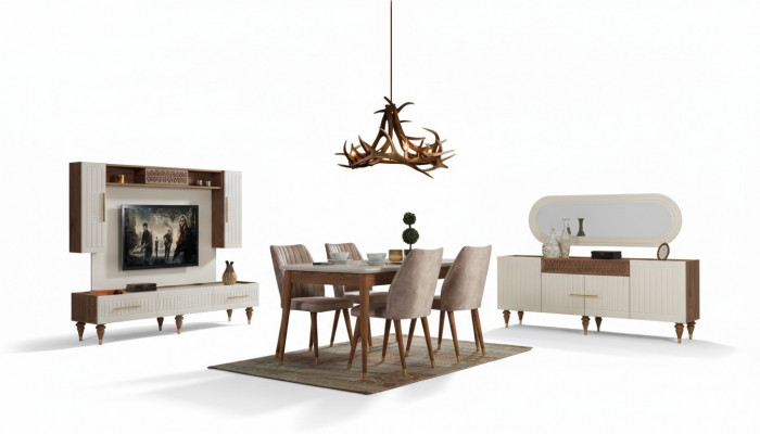 Iesszëmmer Set Komplett Set Dësch 4x Still Iess Grupp Holz 11tlg brong