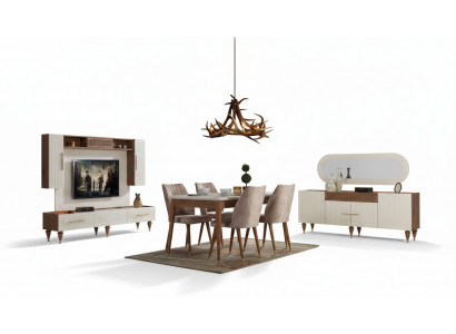 Iesszëmmer Set Komplett Set Dësch 4x Still Iess Grupp Holz 11tlg brong