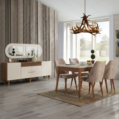 Iesszëmmer Set Dësch 4x Stull Anrichte Spigel Miwwelen 7tlg nei Modern