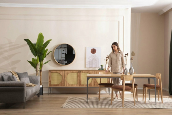 Iesszëmmer Set Holz Iessdësch Garnitur Dësch Sideboard Spigel 4x Still 7 Parteger.