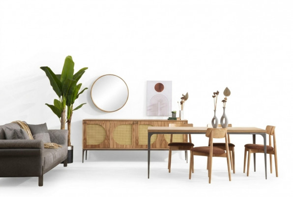 Iesszëmmer Set Holz Iessdësch Garnitur Dësch Sideboard Spigel 4x Still 7 Parteger.