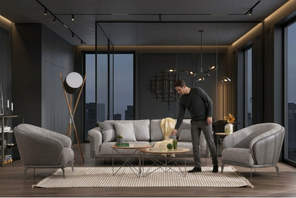 Ecksofa Sofa 3-Sëtz Grey Fotell Wohnzimmer Miwwelen Luxus Design