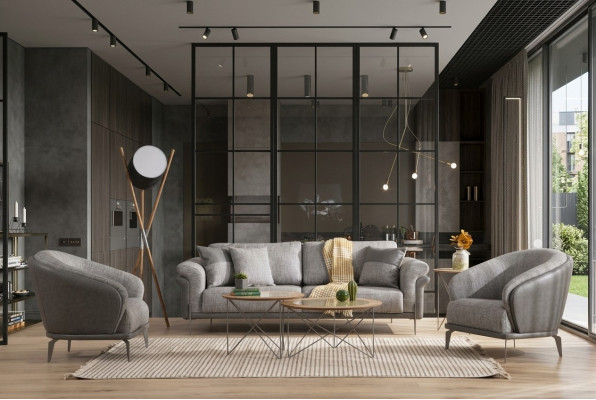 Ecksofa Sofa 3-Sëtz Grey Fotell Wohnzimmer Miwwelen Luxus Design