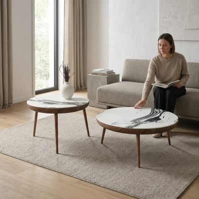 Salontisch Set 2 Stéck. Dësch Wunnzëmmer Miwwelen Ronn Wäiss Holz Design