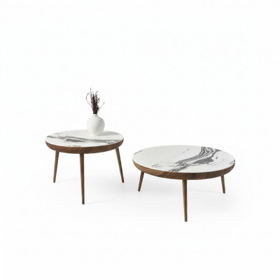 Salontisch Set 2 Stéck. Dësch Wunnzëmmer Miwwelen Ronn Wäiss Holz Design