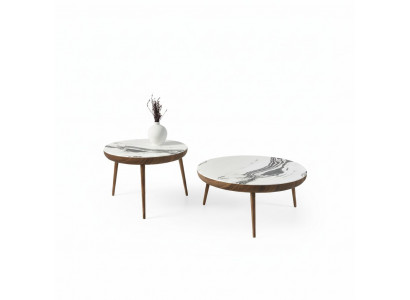 Salontisch Set 2 Stéck. Dësch Wunnzëmmer Miwwelen Ronn Wäiss Holz Design