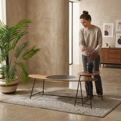 Moderne Dësch Couchtisch Säitentisch Design Wunnzëmmer Holz Oval 2 Deeler.