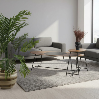 Moderne Dësch Couchtisch Säitentisch Design Wunnzëmmer Holz Oval 2 Deeler.