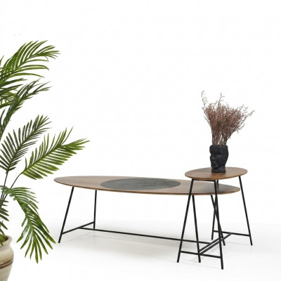 Moderne Dësch Couchtisch Säitentisch Design Wunnzëmmer Holz Oval 2 Deeler.