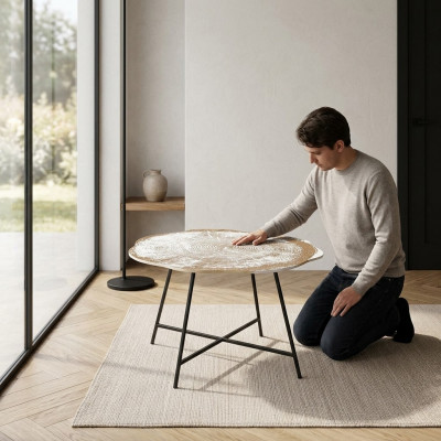 Design Couchtisch Bäistelltisch Wunnzëmmer Dësch Kaffisdësch Ronn