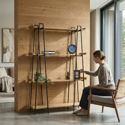 Stillvoll a funktionell Bucheregal aus Holz fir d’Wunnzëmmer