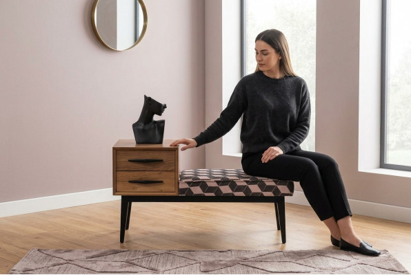 Sëtz Bänk Polster Schemel Bänk Textil Braun Holz Stil Luxus Designer Neien