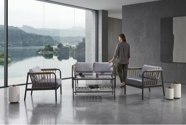 Design Canapé 2 Sëtzer Stoff 2x Fauteuils Polster Canapéen Textil Beistell Dësch Neit