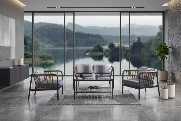 Design Canapé 2 Sëtzer Stoff 2x Fauteuils Polster Canapéen Textil Beistell Dësch Neit
