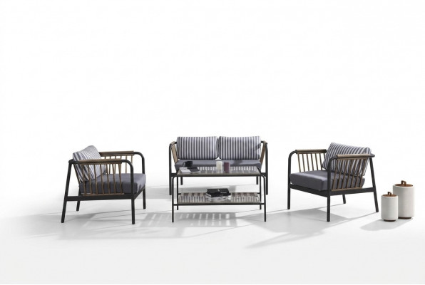 Design Canapé 2 Sëtzer Stoff 2x Fauteuils Polster Canapéen Textil Beistell Dësch Neit