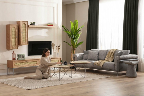 TV Schaf Lowboard RTV Miwwel Canapé 3 Sëtzer 2x Dësch fir de Living Zëmmer Fernsehwand