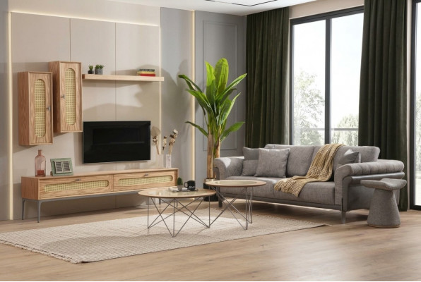 TV Schaf Lowboard RTV Miwwel Canapé 3 Sëtzer 2x Dësch fir de Living Zëmmer Fernsehwand