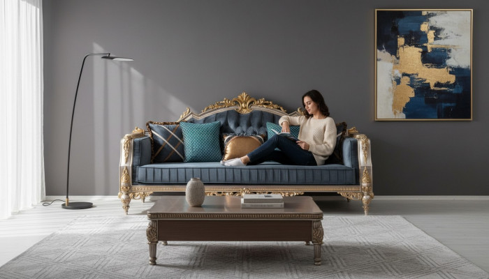 Designer 3-Sëtz Sofa am klassesche Stil fir d'Wunnzëmmer
