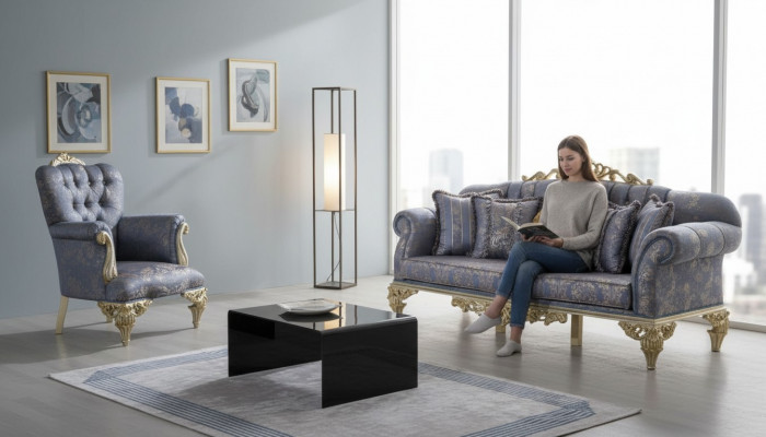 Sofa 3 Sëtzer Textil Sessil Couch Polster Miwwelen 3+1 Dräi-Sëtzer Blo