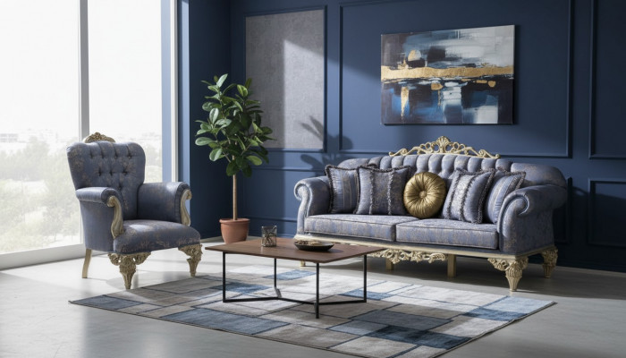 Sofa 3 Sëtzer Textil Sessil Couch Polster Miwwelen 3+1 Dräi-Sëtzer Blo